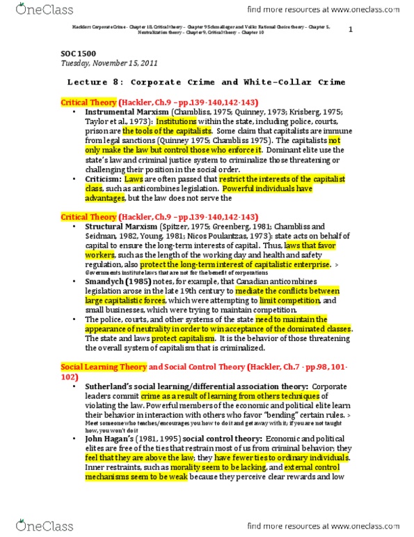 SOC 1500 Lecture Notes - White-Collar Crime, Nicos Poulantzas, Social Control Theory thumbnail
