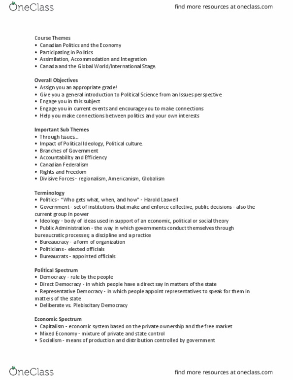 POLS 1400 Lecture Notes - Lecture 15: Political Spectrum, Canadian Federalism, Globalism thumbnail