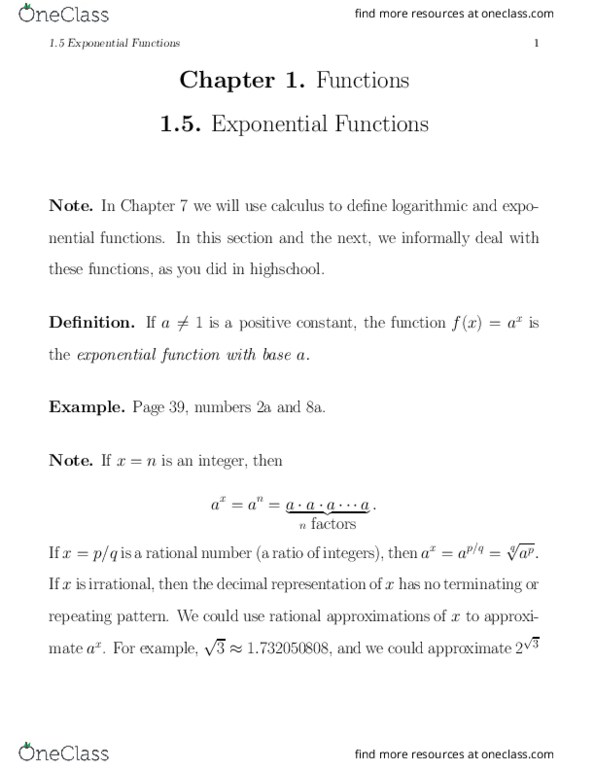 Mathematics 1560 Lecture Notes Spring 18 Lecture 5 Irrational Number Exponential Growth Exponential Function