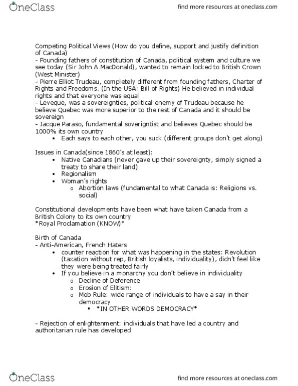 POLS 2300 Lecture Notes - Lecture 2: John A. Macdonald, Elitism, Responsible Government thumbnail