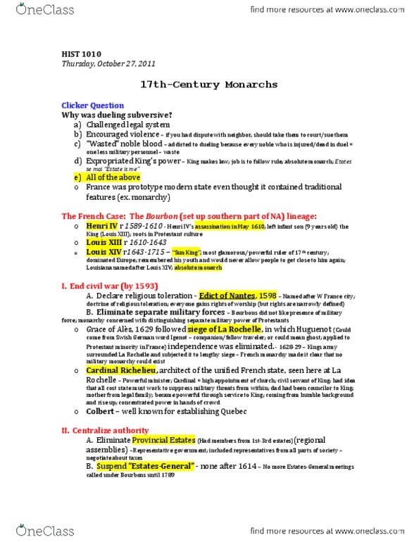 HIST 1010 Lecture Notes - Absolute Monarchy, Toleration, Protestant Culture thumbnail
