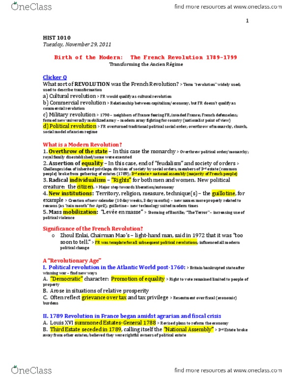 HIST 1010 Lecture Notes - Cultural Revolution, Mass Mobilization, Atlantic World thumbnail