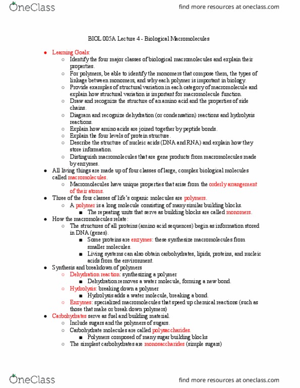 BIOL 005A Lecture Notes - Lecture 4: Covalent Bond, Monosaccharide, Chemical Formula thumbnail