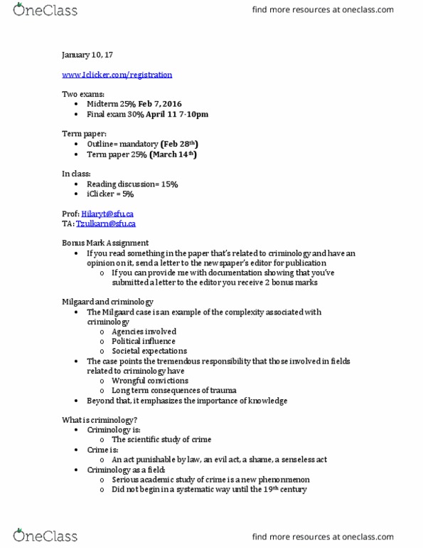 CRIM 101 Lecture Notes - Lecture 1: Term Paper, List Of Universities In Canada thumbnail