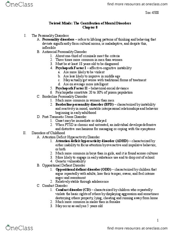 SOCIOL 4508 Chapter Notes - Chapter 8: Attention Deficit Hyperactivity Disorder, Oppositional Defiant Disorder, Borderline Personality Disorder thumbnail