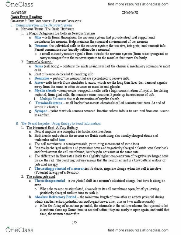 PSY100Y5 Chapter Notes - Chapter 3: Myelin, Semipermeable Membrane, Axon Terminal thumbnail