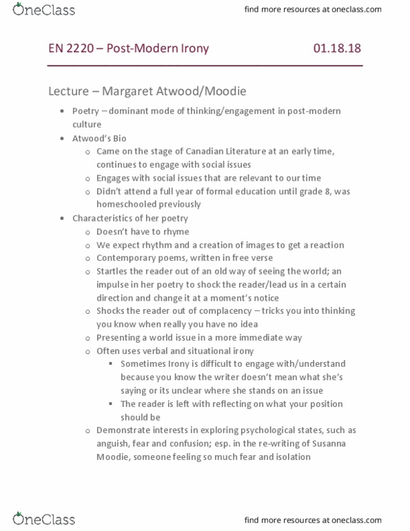 EN 2220 Lecture Notes - Lecture 2: Susanna Moodie, Postmodern Culture, Free Verse thumbnail