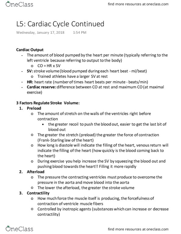 KINESIOL 2YY3 Lecture Notes - Lecture 5: Inotrope, Stroke Volume, Afterload thumbnail