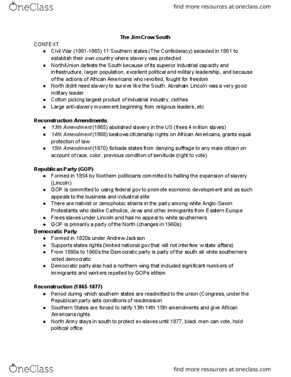 HST 210 Lecture Notes - Lecture 2: Fourteenth Amendment To The United States Constitution, Fifteenth Amendment To The United States Constitution, Reconstruction Amendments thumbnail