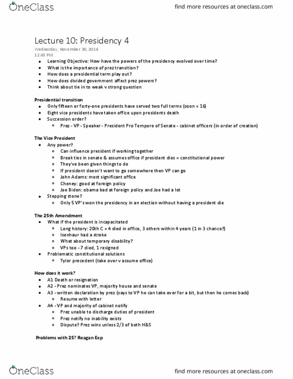 Political Science 2244E Lecture Notes - Lecture 10: Joe Biden, Twenty-Fifth Amendment To The United States Constitution, Order Of Succession thumbnail