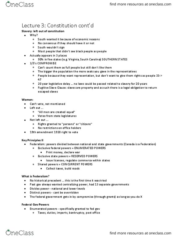 Political Science 2244E Lecture Notes - Lecture 3: Fugitive Slave Clause, Enumerated Powers, Nineteenth Amendment To The United States Constitution thumbnail