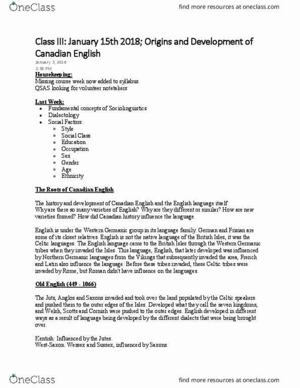 LING 202 Lecture Notes - Lecture 3: Canadian English, Germanic Languages, Dialectology thumbnail