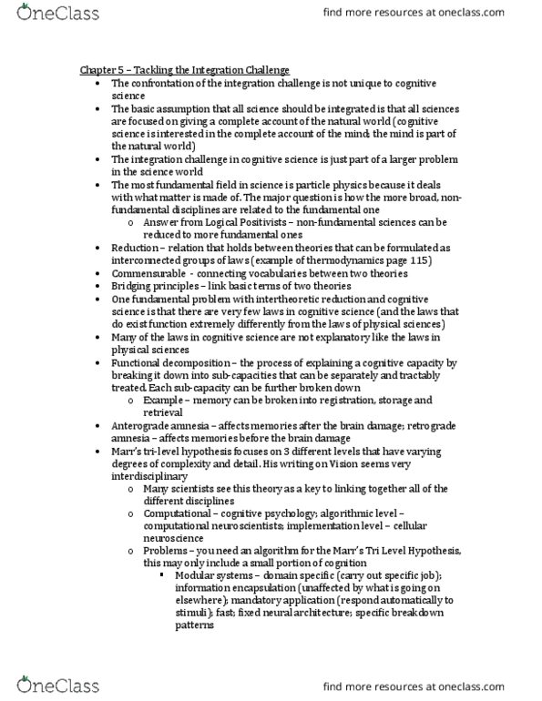 CGSC 2001 Chapter Notes - Chapter 5: Anterograde Amnesia, Retrograde Amnesia, Functional Decomposition thumbnail