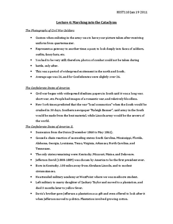 HIST315 Lecture 4: Lecture 4 - Marching into the Cataclysm Very detailed and excellent note to study!!!!! Based on the commencement of the civil war from lecture 4 of the course! Essential to getting a good grade!!! thumbnail