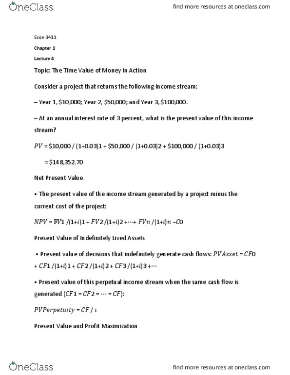 ECON 3411 Lecture Notes - Lecture 4: Net Present Value, Cash Flow, Profit Maximization thumbnail