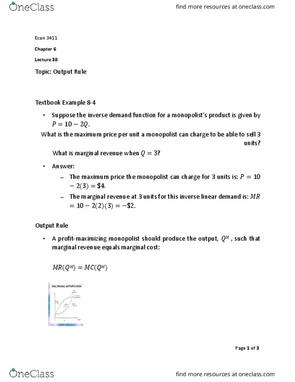 ECON 3411 Lecture Notes - Lecture 37: Inverse Demand Function, Marginal Revenue, Marginal Cost thumbnail