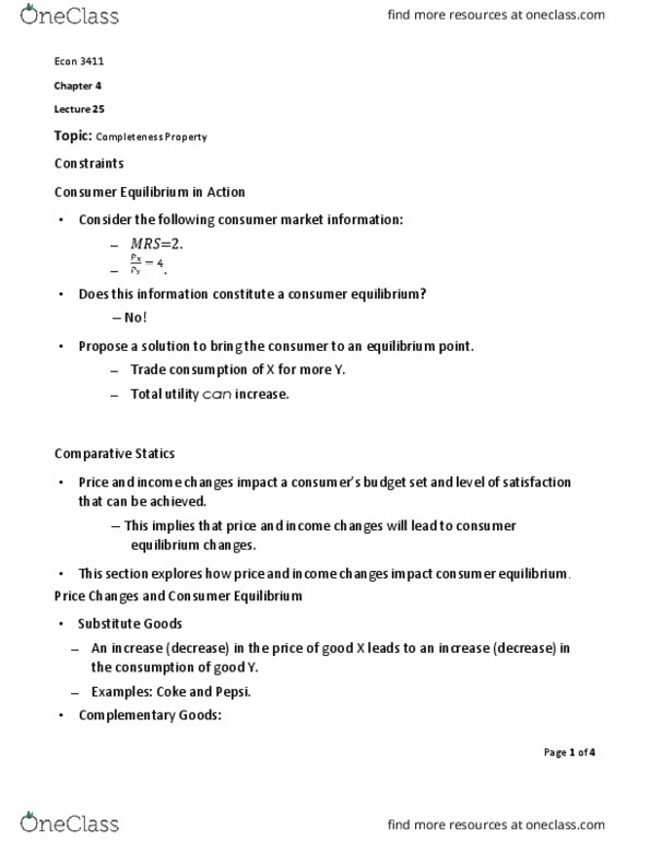 ECON 3411 Lecture Notes - Lecture 25: Completeness (Order Theory), Complementary Good, Equilibrium Point thumbnail