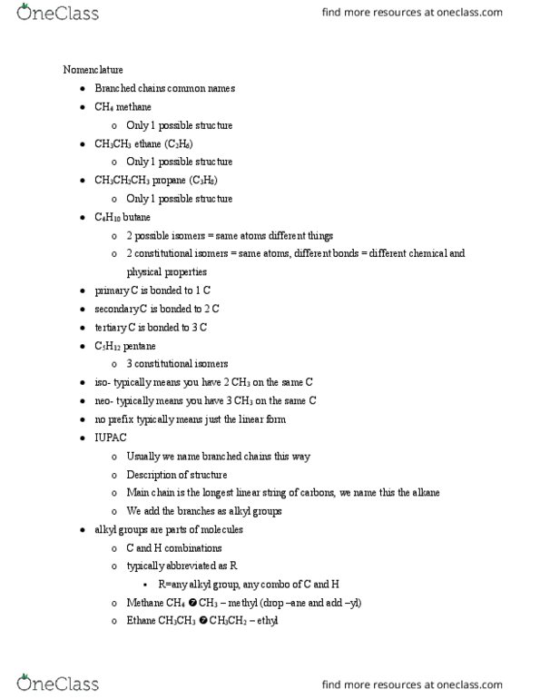 CHE 8A Lecture Notes - Lecture 8: Ethane, Propyl Group, Butane thumbnail