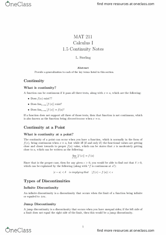 MAT 211 Lecture Notes - Lecture 6: Classification Of Discontinuities, Joule, Intermediate Value Theorem thumbnail