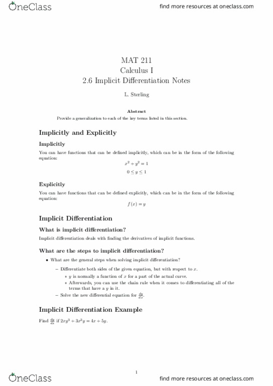 MAT 211 Lecture 13: 2.6 Implicit Differentiation Notes thumbnail