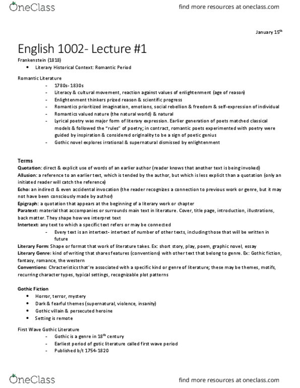 EN 1002 Lecture Notes - Lecture 1: Gothic Fiction, Lyric Poetry, Paratext thumbnail