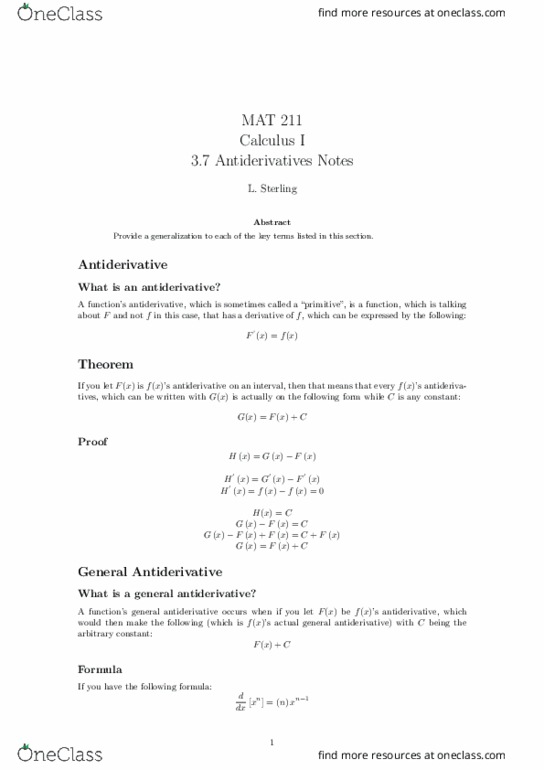 MAT 211 Lecture Notes - Lecture 22: Antiderivative thumbnail