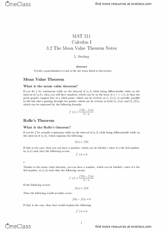 MAT 211 Lecture Notes - Lecture 17: Mean Value Theorem thumbnail