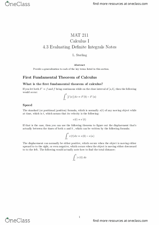 MAT 211 Lecture 25: 4.3 Evaluating Definite Integrals Notes thumbnail