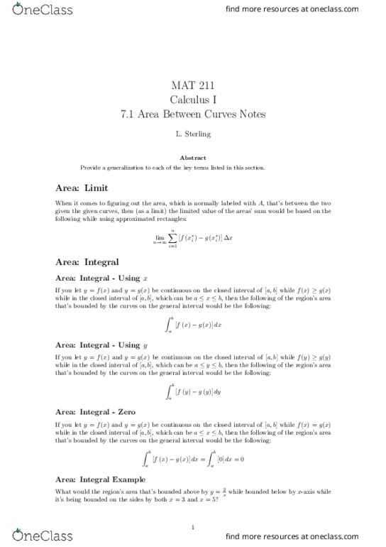 MAT 211 Lecture 28: 7.1 Area Between Curves Notes thumbnail