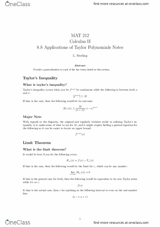 MAT 212 Lecture 24: 8.8 Applications of Taylor Polynomials Notes thumbnail