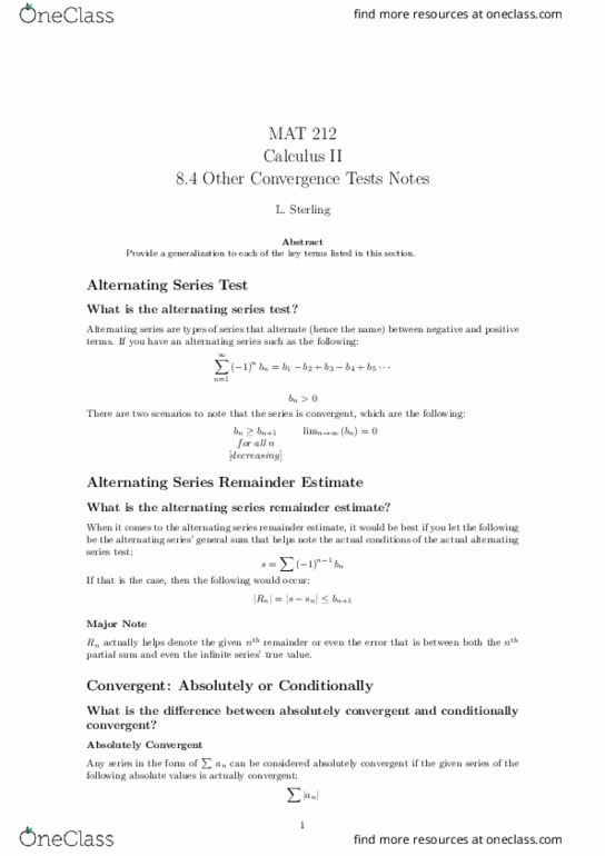 MAT 212 Lecture Notes - Lecture 20: Alternating Series Test, Alternating Series, Conditional Convergence thumbnail