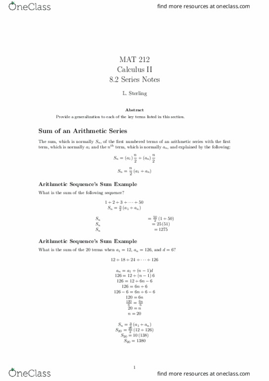 MAT 212 Lecture Notes - Lecture 18: Arithmetic Progression thumbnail
