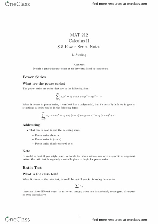 MAT 212 Lecture Notes - Lecture 21: Ratio Test, Joule thumbnail