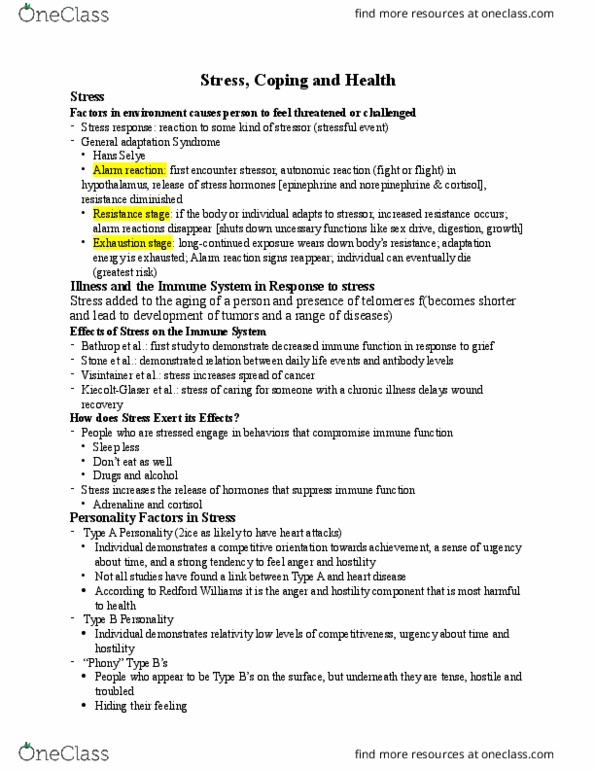 PSYCH 201 Lecture Notes - Lecture 17: Immunosuppression, Type A And Type B Personality Theory, Generalized Anxiety Disorder thumbnail