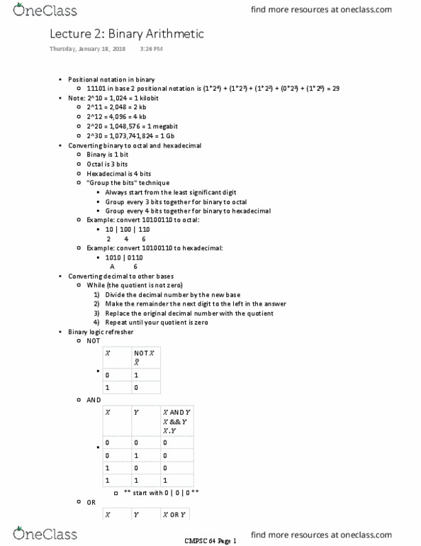 CMPSC 64 Lecture Notes - Lecture 2: Positional Notation, Octal, Kilobit thumbnail