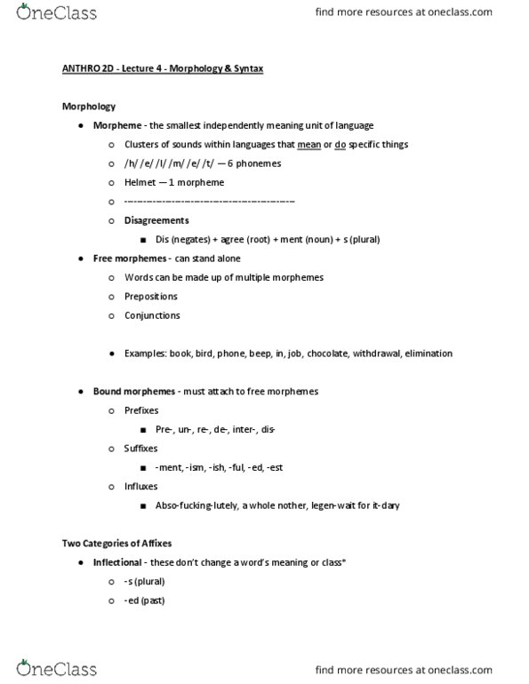 ANTHRO 2D Lecture Notes - Lecture 4: Morpheme, Xavante Language thumbnail