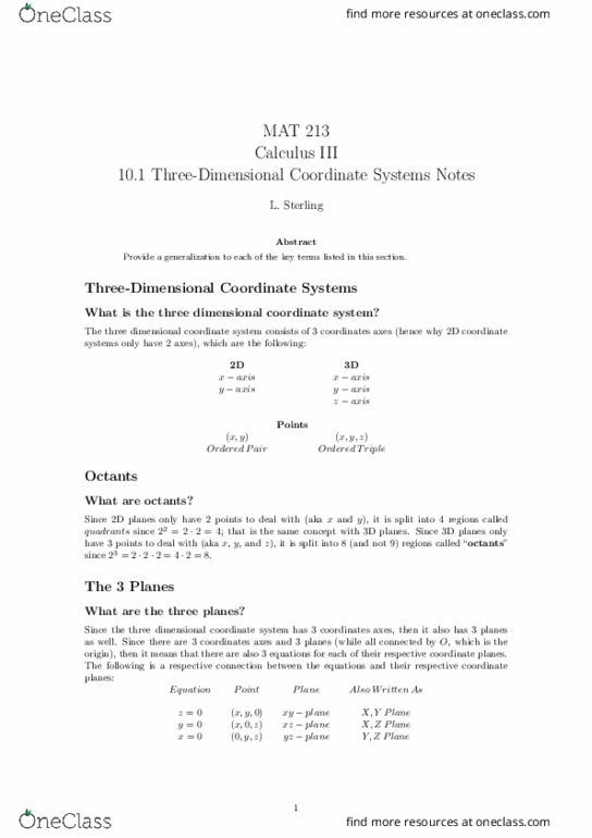 MAT 213 Lecture 1: 10.1 Three-Dimensional Coordinate Systems Notes thumbnail