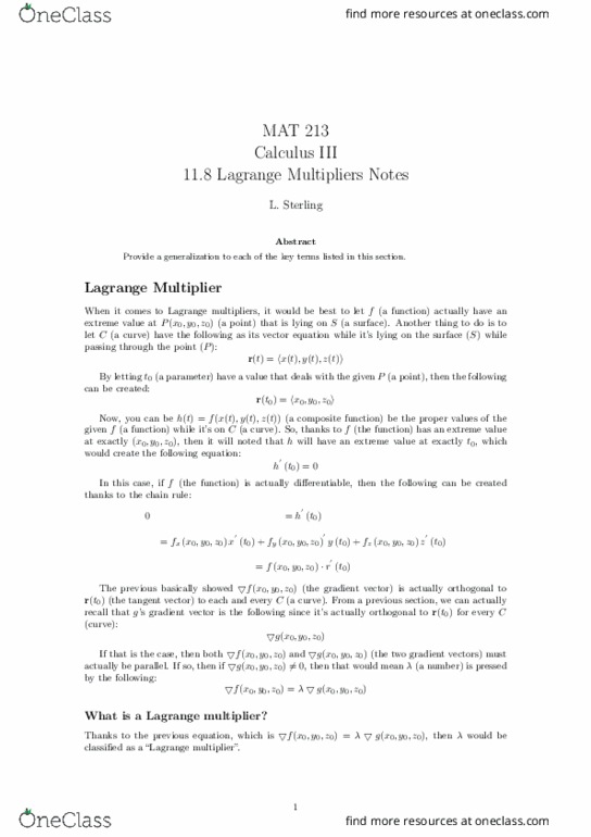 MAT 213 Lecture Notes - Lecture 17: Lagrange Multiplier, Function Composition thumbnail