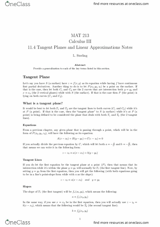 MAT 213 Lecture Notes - Lecture 13: Tangent Space, Partial Derivative, Farad thumbnail