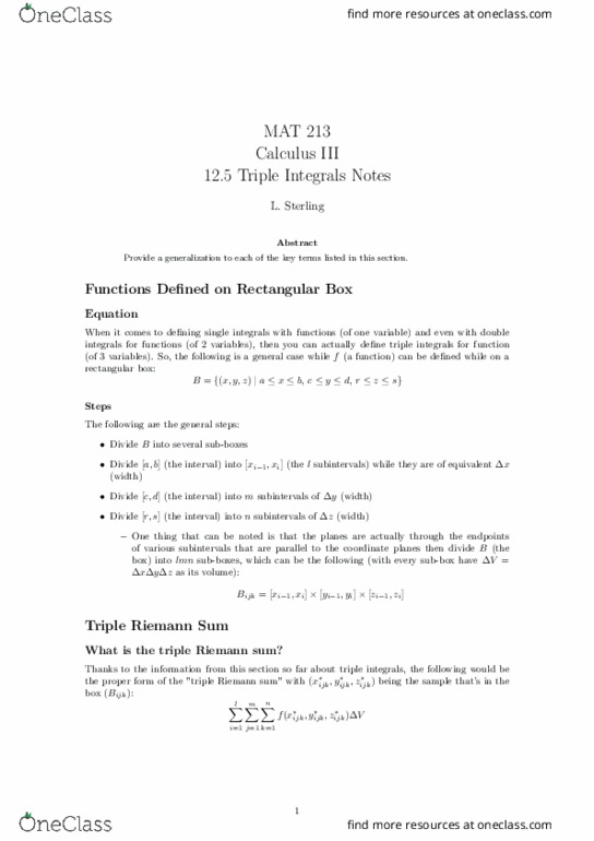 MAT 213 Lecture Notes - Lecture 22: Riemann Sum, Centroid thumbnail