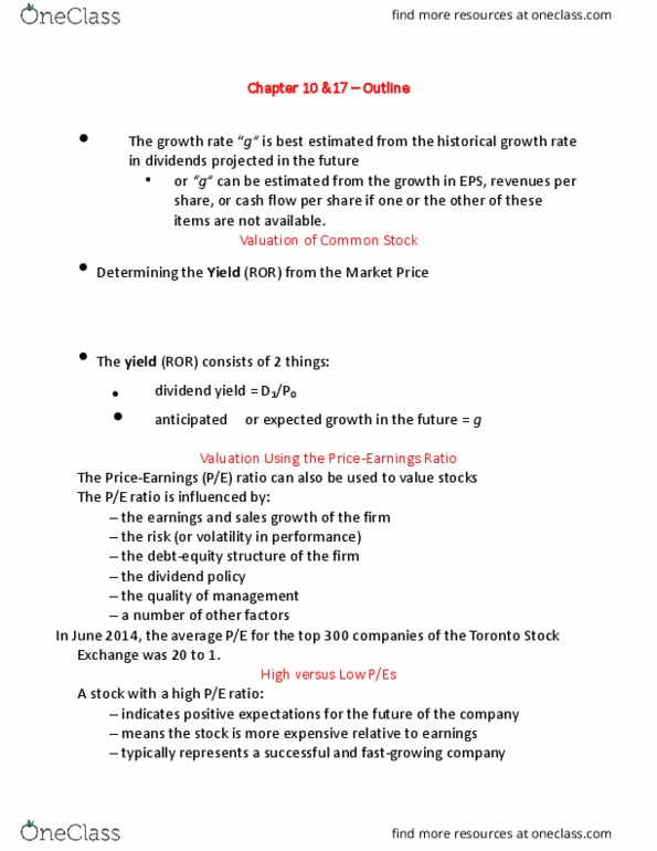 Business Administration - Accounting & Financial Planning FIN401 Chapter Notes - Chapter 10: Toronto Stock Exchange, Dividend Yield, Growth Stock thumbnail