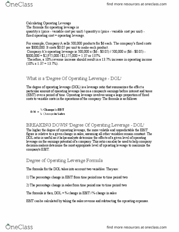 Business Administration - Accounting & Financial Planning FIN401 Lecture Notes - Lecture 16: Operating Leverage, Variable Cost, Capital Structure thumbnail
