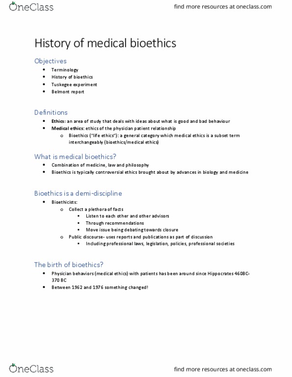 MEDRADSC 3Y03 Lecture Notes - Lecture 2: Belmont Report, Bioethics, Artificial Kidney thumbnail