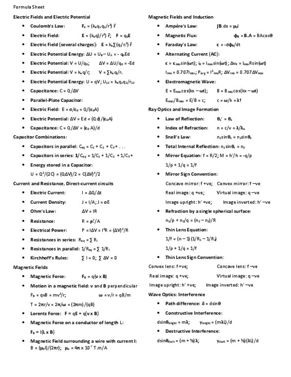 PHYS-1206EG Lecture 2: formula sheet physics thumbnail