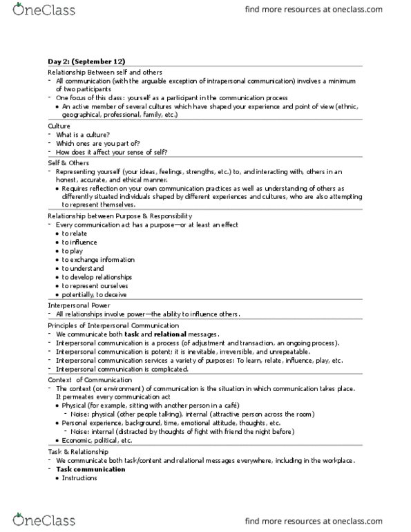 SPCOM204 Lecture Notes - Lecture 2: Intrapersonal Communication, Interpersonal Communication thumbnail