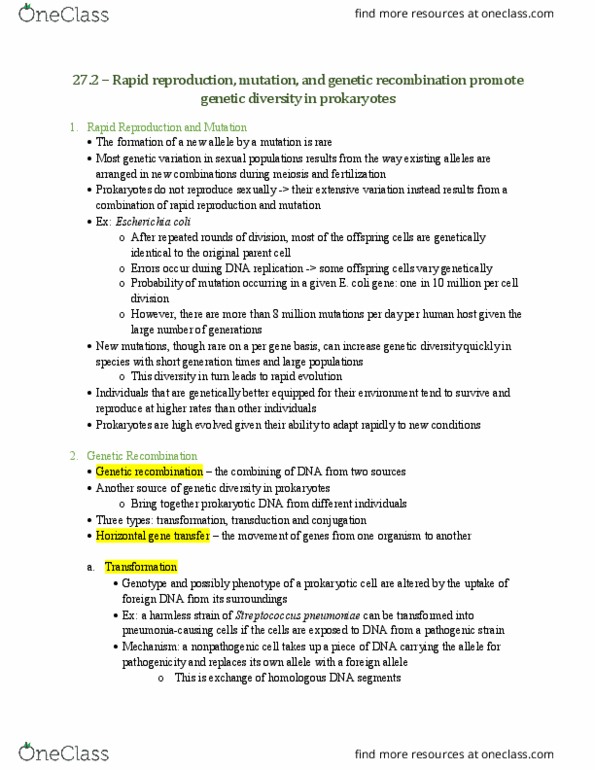 BIOL 1911 Chapter Notes - Chapter 27: Horizontal Gene Transfer, Genetic Recombination, Dna Replication thumbnail