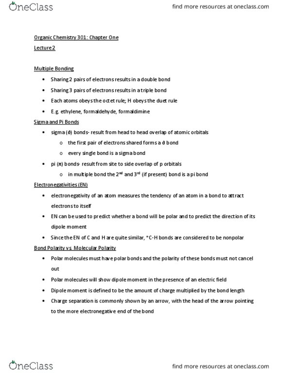 CHEM 301 Lecture Notes - Lecture 2: Sigma Bond, Pi Bond, Octet Rule thumbnail