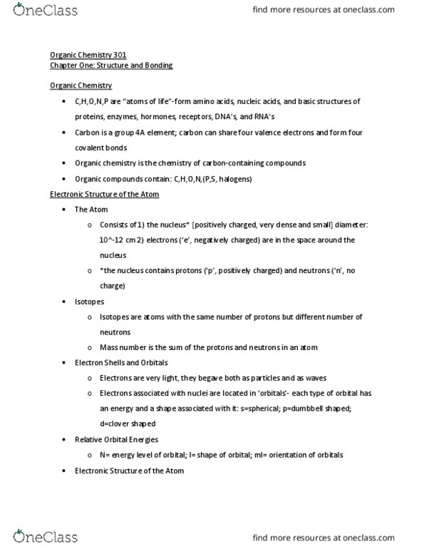 CHEM 301 Lecture Notes - Lecture 1: Valence Electron, Mass Number, Covalent Bond thumbnail