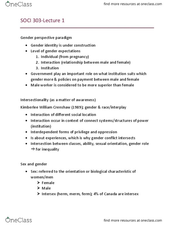 SOCI 303 Lecture Notes - Lecture 1: Gender Identity, Gender Role, Intersectionality thumbnail