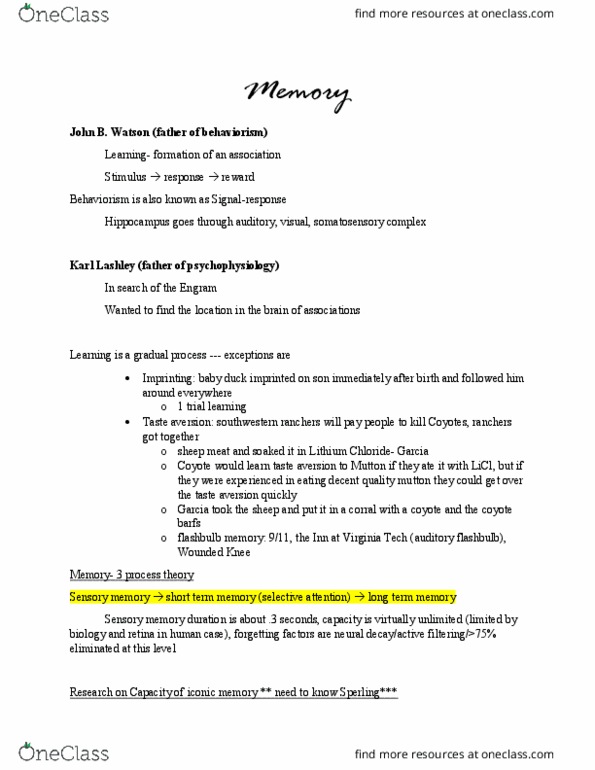 PSYC 1004 Lecture Notes - Lecture 12: Karl Lashley, Incandescent Light Bulb, Conditioned Taste Aversion thumbnail